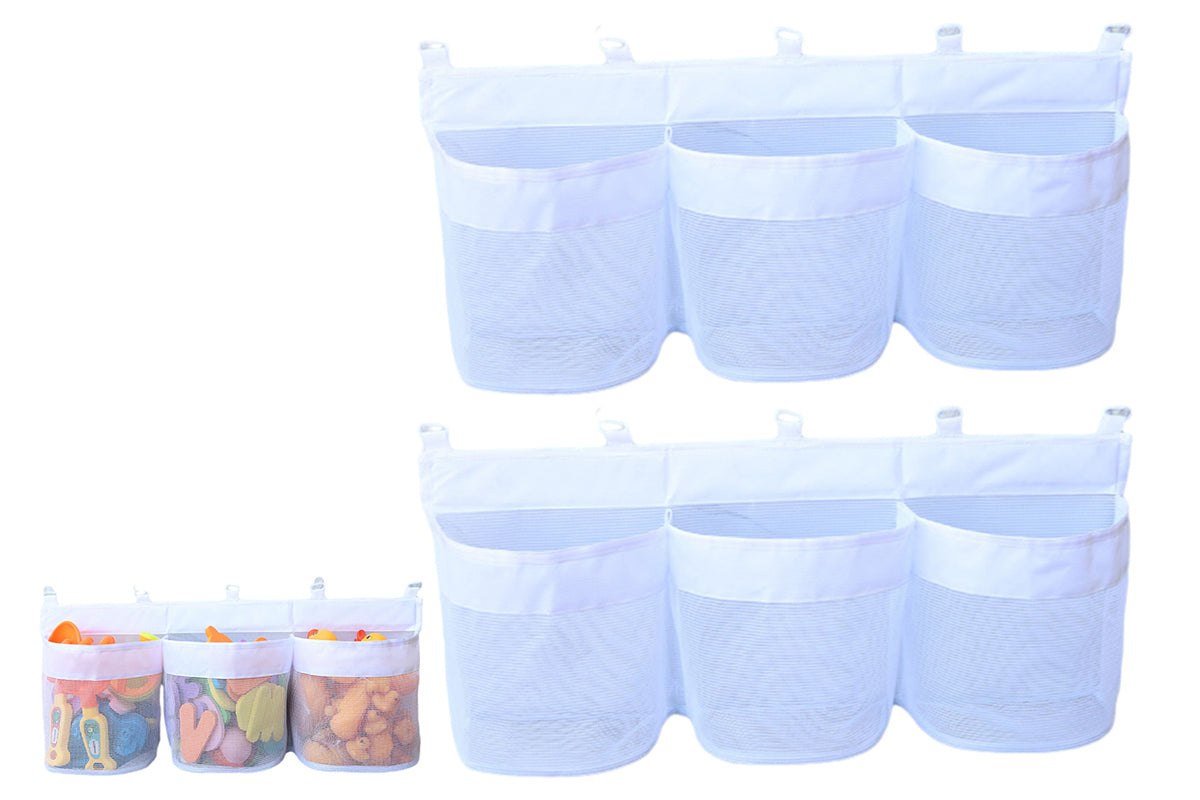 2Pcs 3 Compartment Horizontal Large Openings Bath Toy Organizer Hanging Mesh Shower Organizer