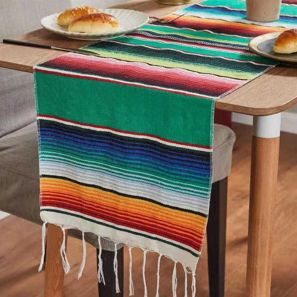 Mexican Serape Table Runner with Tassels for Party Wedding Outdoor Picnic Decor Multicolor Green