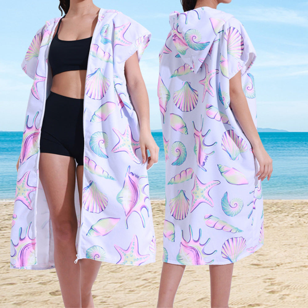 Adult Hooded Zip Up Swim Changing Robe Microfiber Beach Towel Poncho - Shell