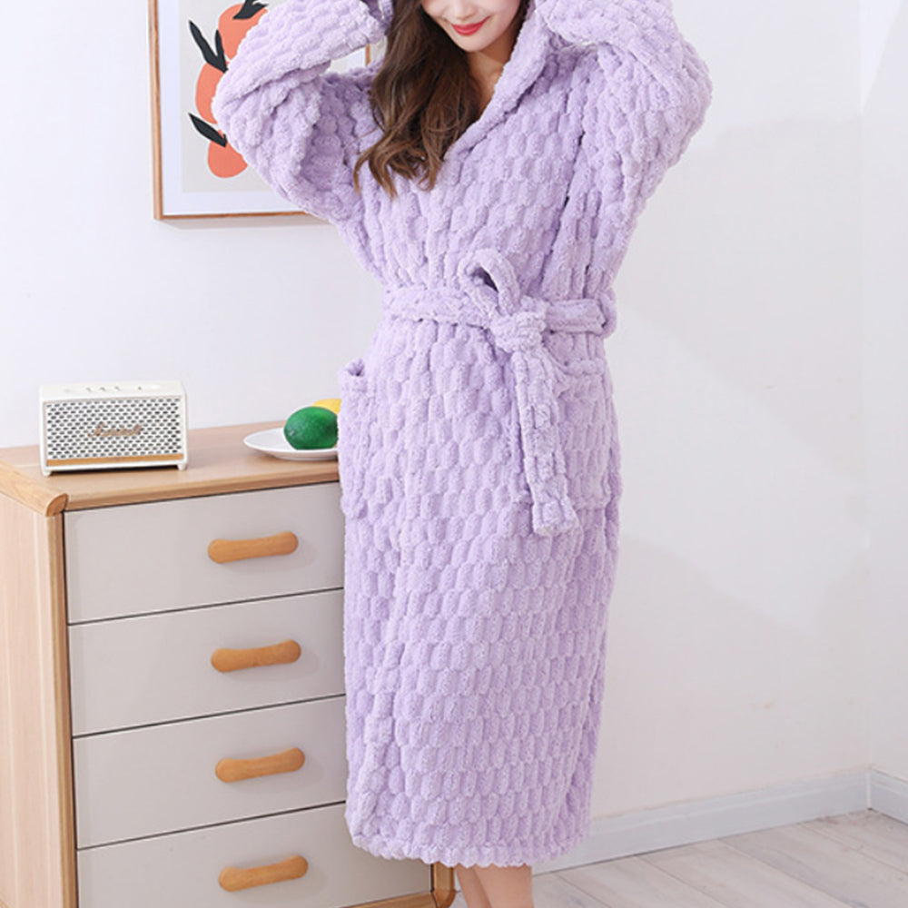 Women Bathrobe Long Winter Warm Wearable Bathrobe Purple