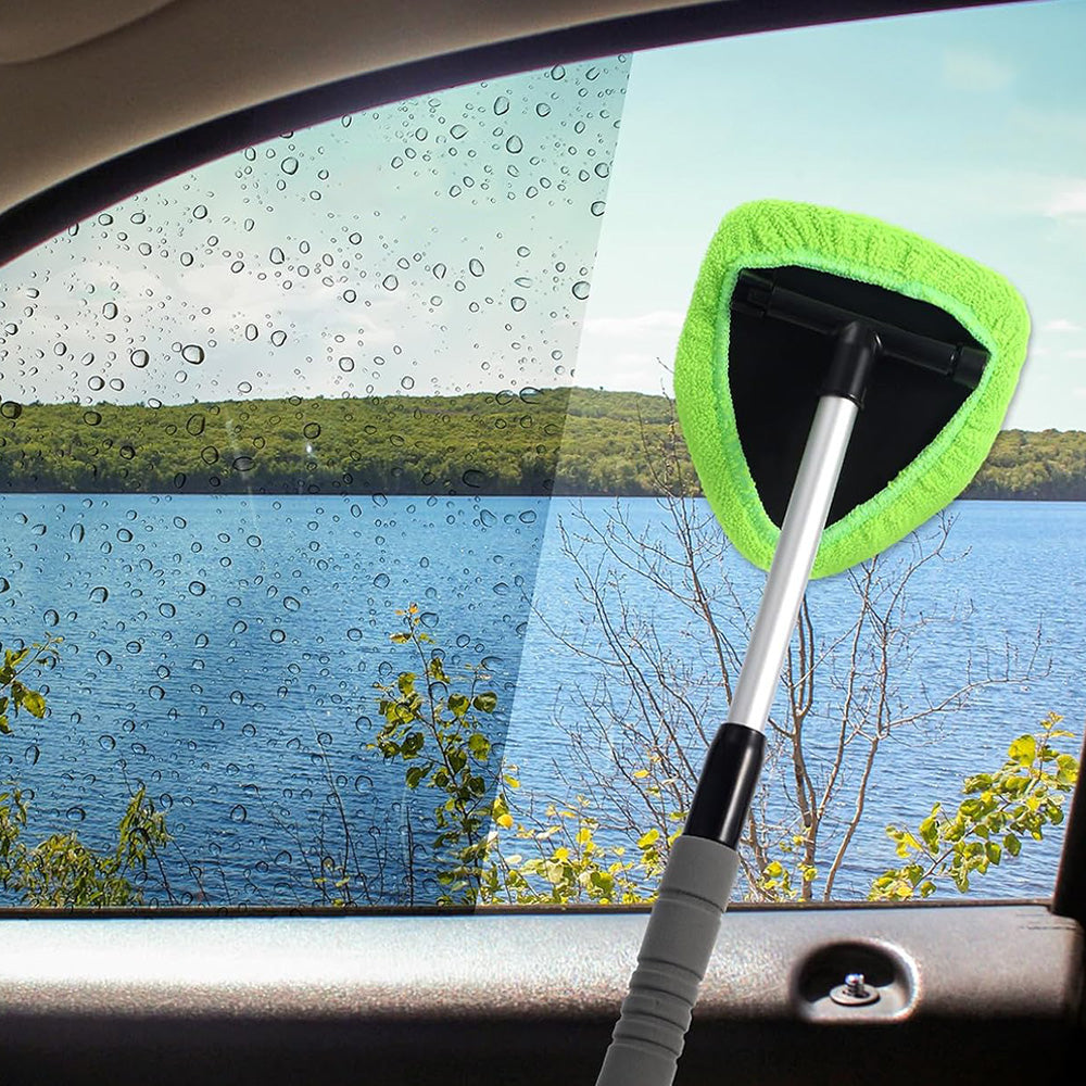 Extendable Windshield Cleaning Tool Set Car Window Microfiber Cleaner with 4 Replacement Microfiber Pads Gree