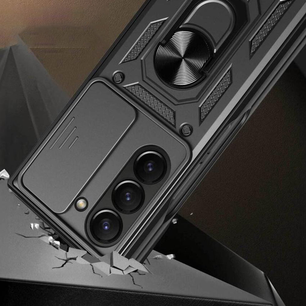 For Samsung Galaxy Z Fold Drop Protection Case Full-Body Shockproof Case with Rotating Ring Stand Black