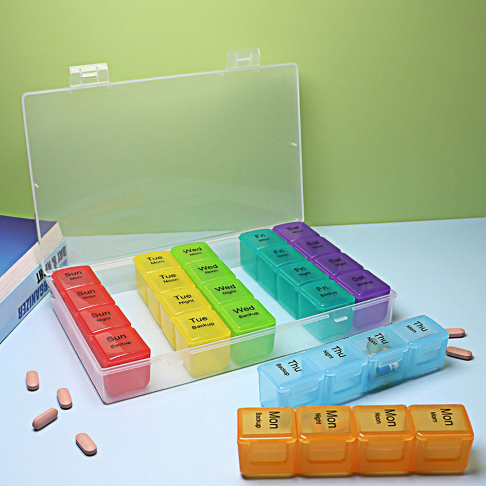 7-Day 28 Compartments Pill Box Medicine Organiser with Snap Lids for Vitamin Fish Oil Medicine Clear and Rainbow