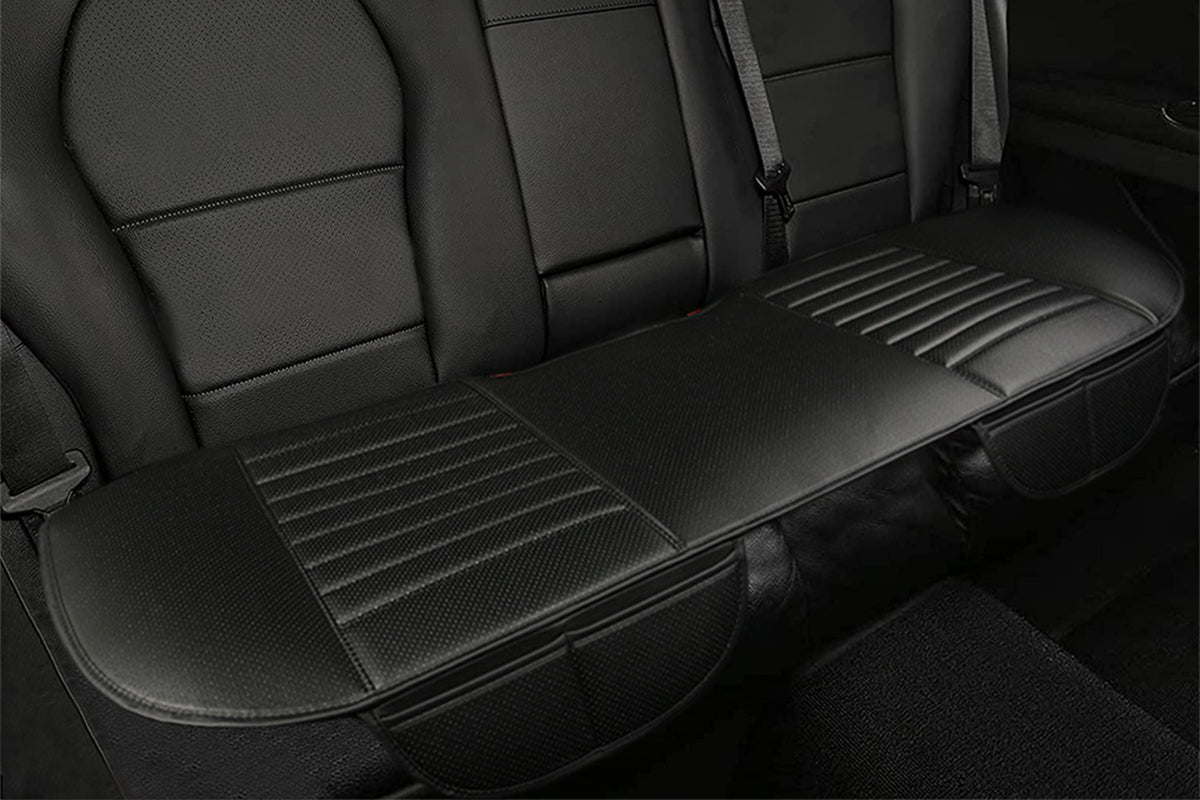 Faux Leather Rear Car Anti-Slip Bench Seat Protector Mat With Storage Pockets-Black