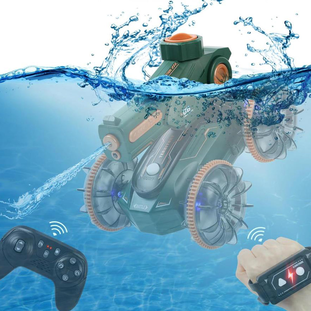 Amphibious Remote Control Car Boat Toy RC 4WD Stunt Car with Lights for Kids Green