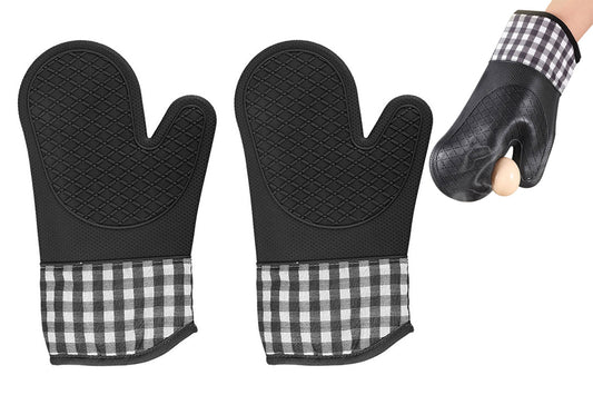 1 Pair Silicone Heat Resistant Gloves Kitchen Cooking Baking Microwave Oven Mitts-Black