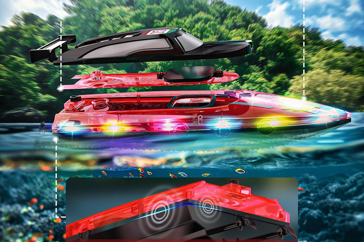RC Boat for Little Ones with LED Lights 2.4Ghz Remote Control Racing Boats for Ages 6-Red