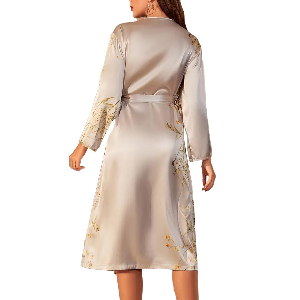 Women Casual Floral Print Night Robe Long Sleeve V Neck Sleep Robe with Belt