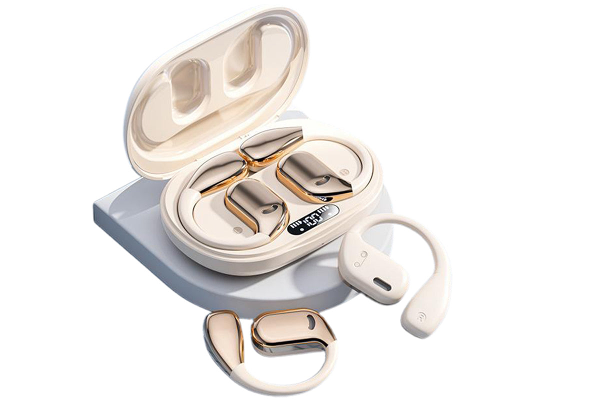 Bluetooth 5.4 Headphones TWS HiFi Stereo Earbuds Over Ear Ear Buds IP6 Waterproof Wireless Earphones LED Display Headset for Gym-Beige