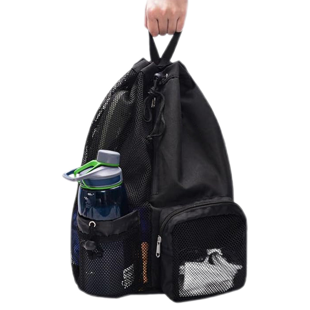 Drawstring Swim Bag Mesh Backpack with Wet Pocket for Swimming Gym Workout Black