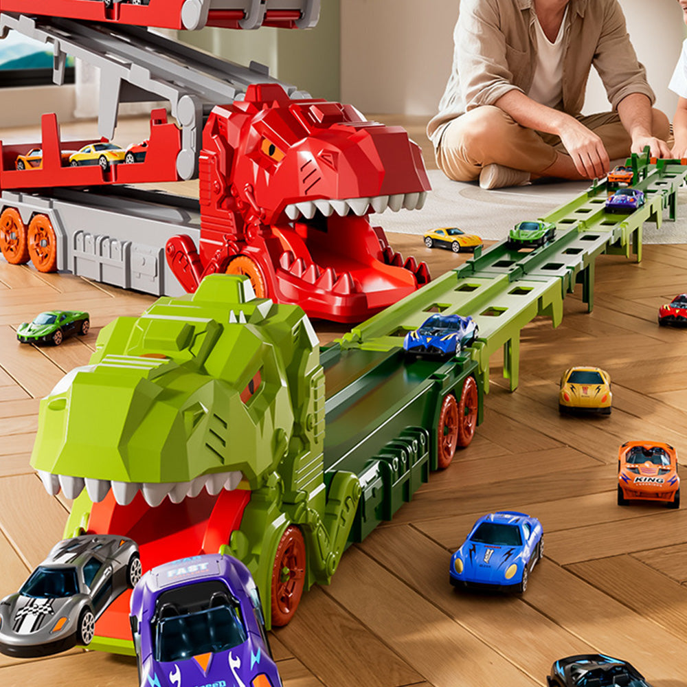 Foldable Dinosaur Truck with Dual Tracks and 6 Small Cars - Green