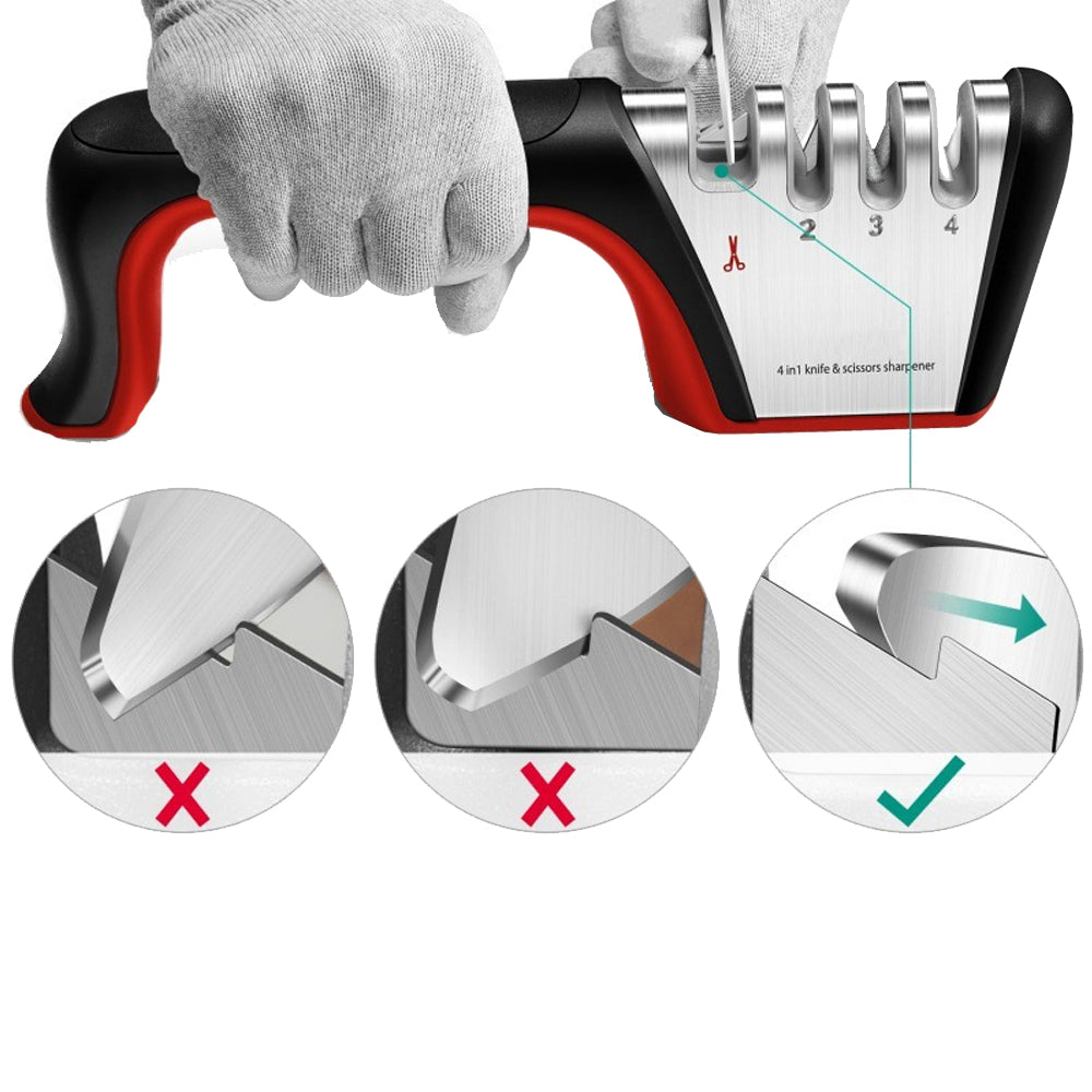4 Stage Knife Sharpener Non Slip Base Kitchen Scissor Sharpener - Red