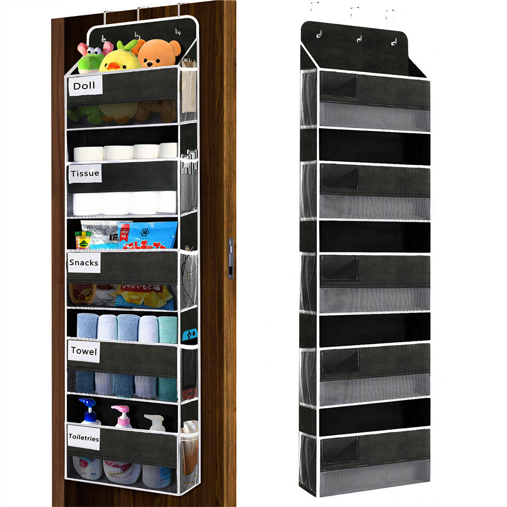 5-Tier Over the Door Storage Organizer with 10 Side Mesh Pockets Hanging Organizer with Clear Windows Black