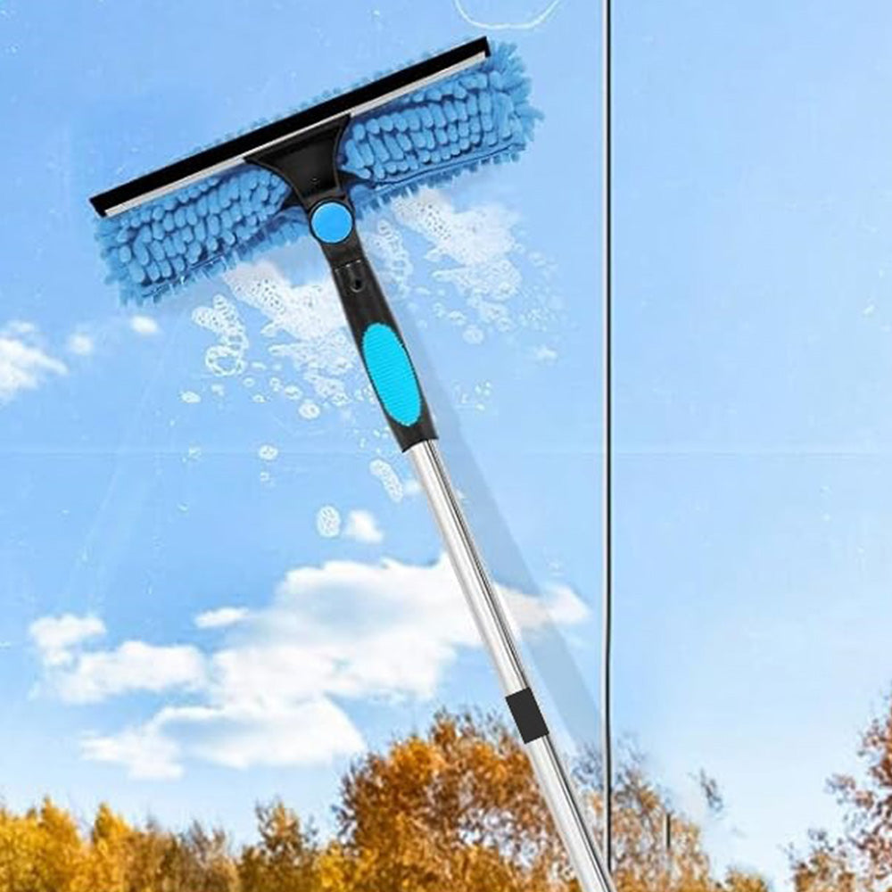 2-in-1 Extendable Window Squeegee Cleaner Tool Rotating Scrubber with 2 Replacement Cloths Blue