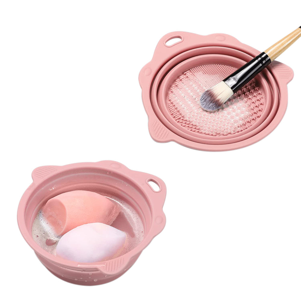 2Pcs Foldable Makeup Brush Cleaner Bowl Portable Silicone Cleaning Tool for Cosmetic Brushes Powder Puffs Sponges Pink