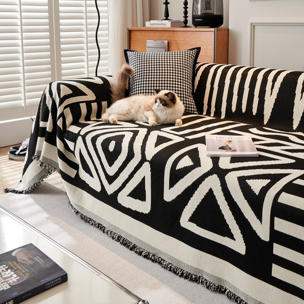 Boho Couch Cover Geometric Sofa Blanket Furniture Protector Black