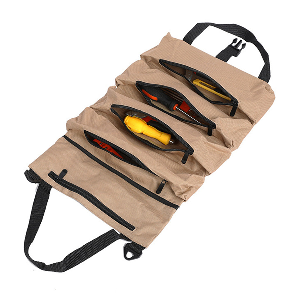 Roll Up Tool Bag Water Resistant Tool Organizer Zipper Pouch for Electricians Repairman Khaki