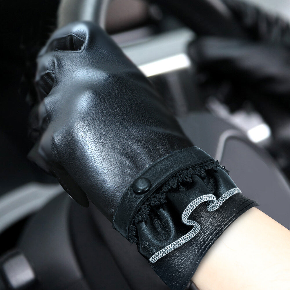 Pair of Women Winter Gloves Touch Screen Driving Warm PU Leather Gloves Style 2
