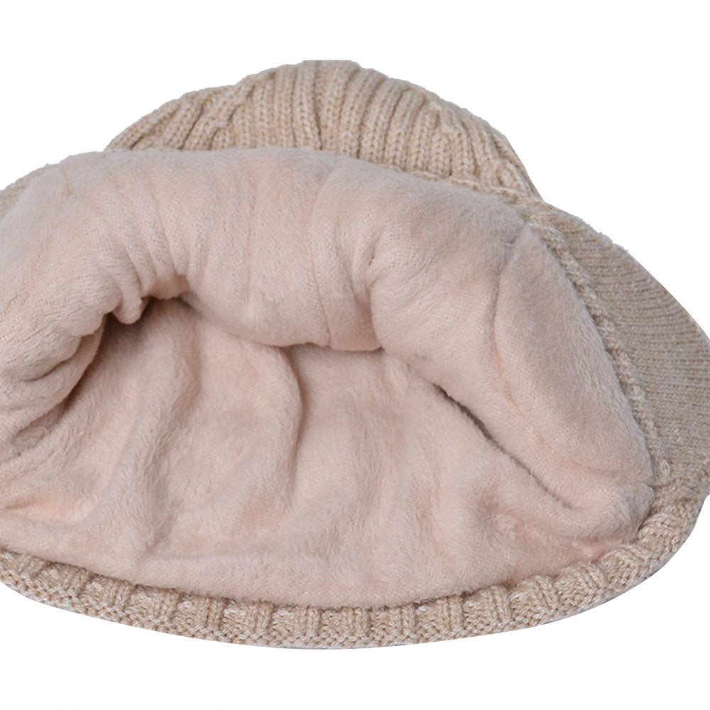 Unisex Winter Knit Earflap Beanie Hat Warm Ear Flap Hat with Knit Brimmed Ski Cap Beige