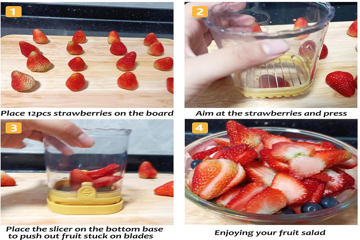 2-in-1 Kitchen Fruit Slicer Cup with Removable Blade and Push Plate for Strawberry Banana -Yellow