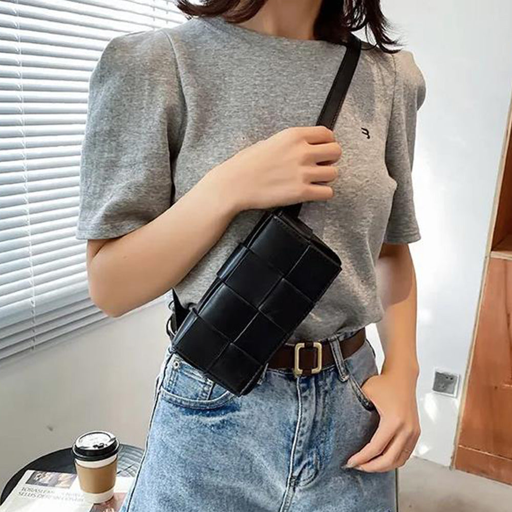 PU Leather Woven Style Crossbody Bag Small Shoulder Fanny Pack for Women Black