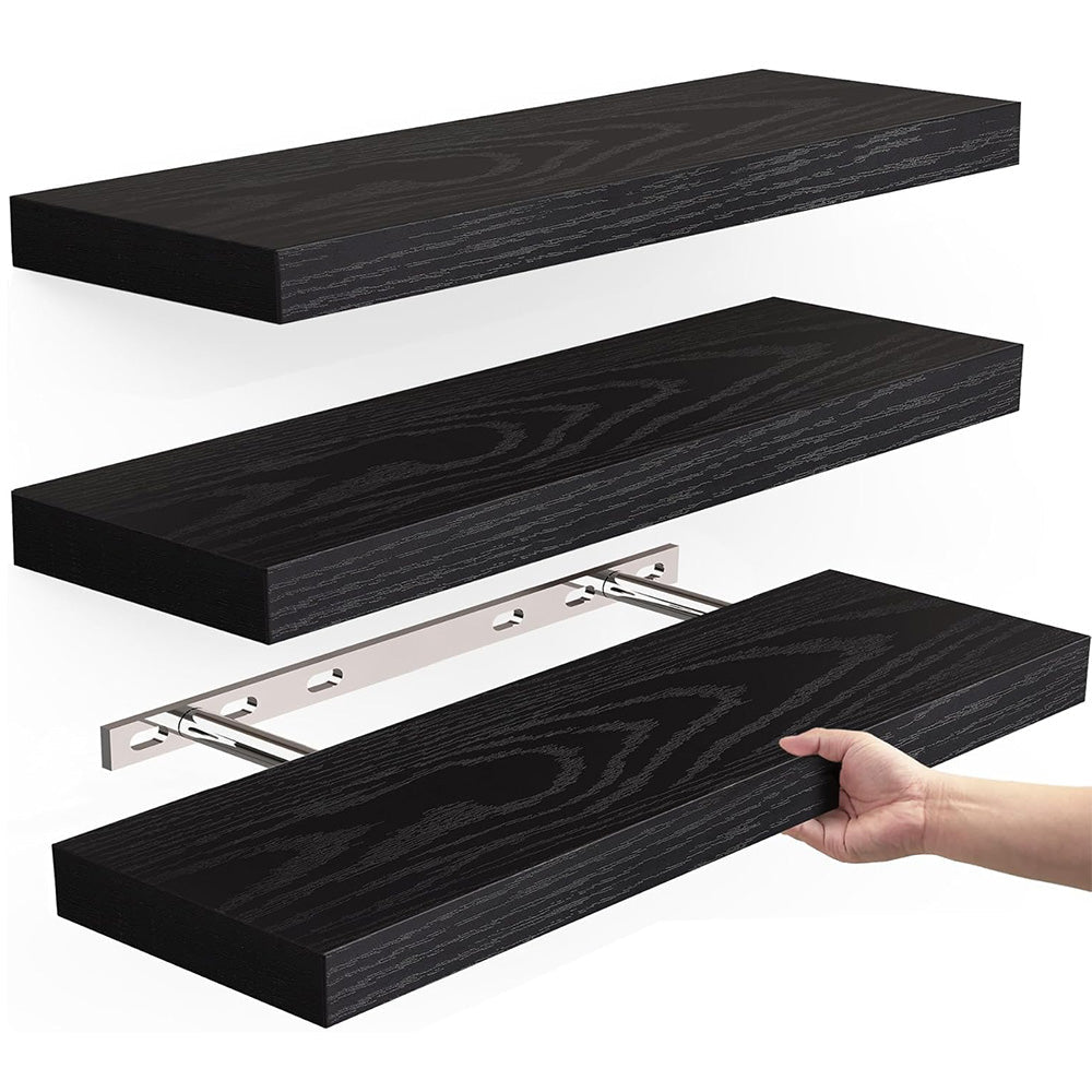 3Pcs Set Wall Mounted Floating Shelves Hanging Wood Storage Shelves for Home Bathroom Black