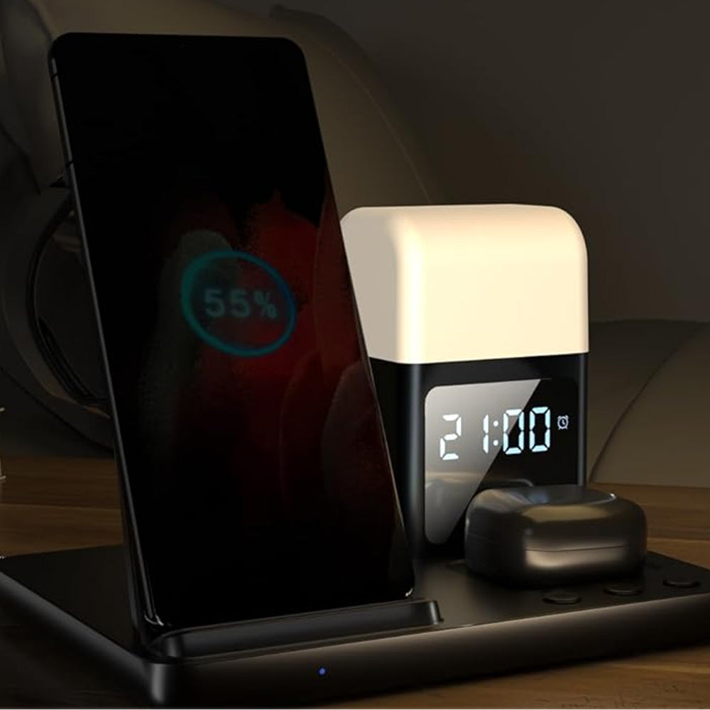 Wireless Charging Station with Alarm Clock Night Light 6-in-1 Charging Dock for Smartphone/Watch/Earbuds