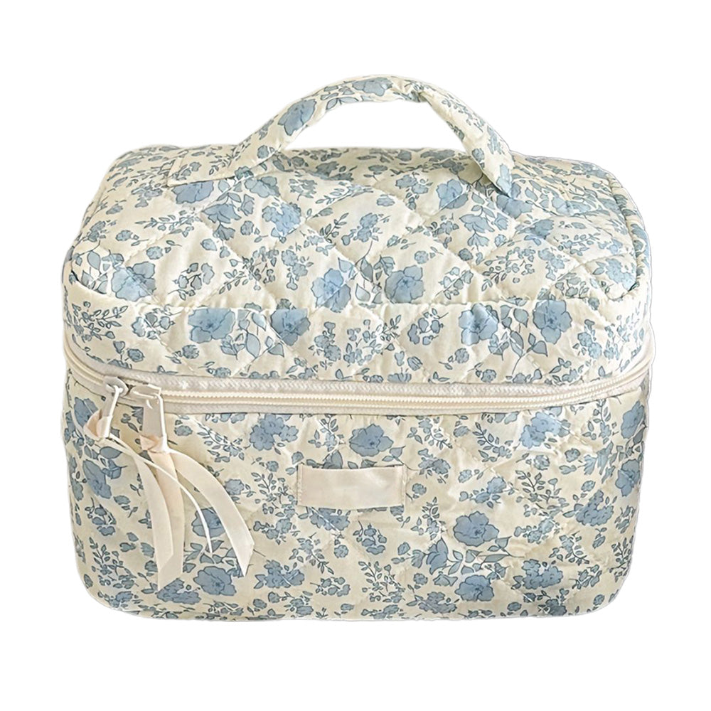Large Travel Make Up Organizer Bag Floral Cute Cosmetic Bag for Women Girls Aesthetic Toiletry Bag Blue