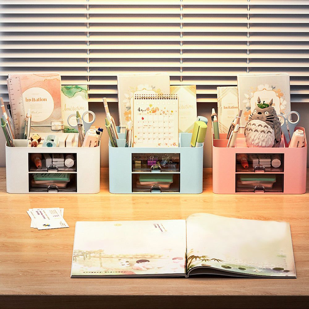 Multi-Functional Pen Organizer with 2 Drawer Office Art Supplies Holder for Desk White