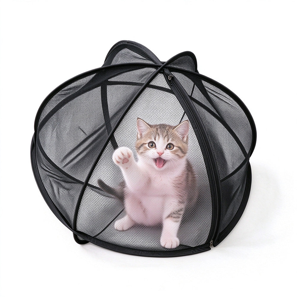 Foldable Pet Tent Bed Pop Up Mesh Enclosure for Cats Small Dogs Black 70cm