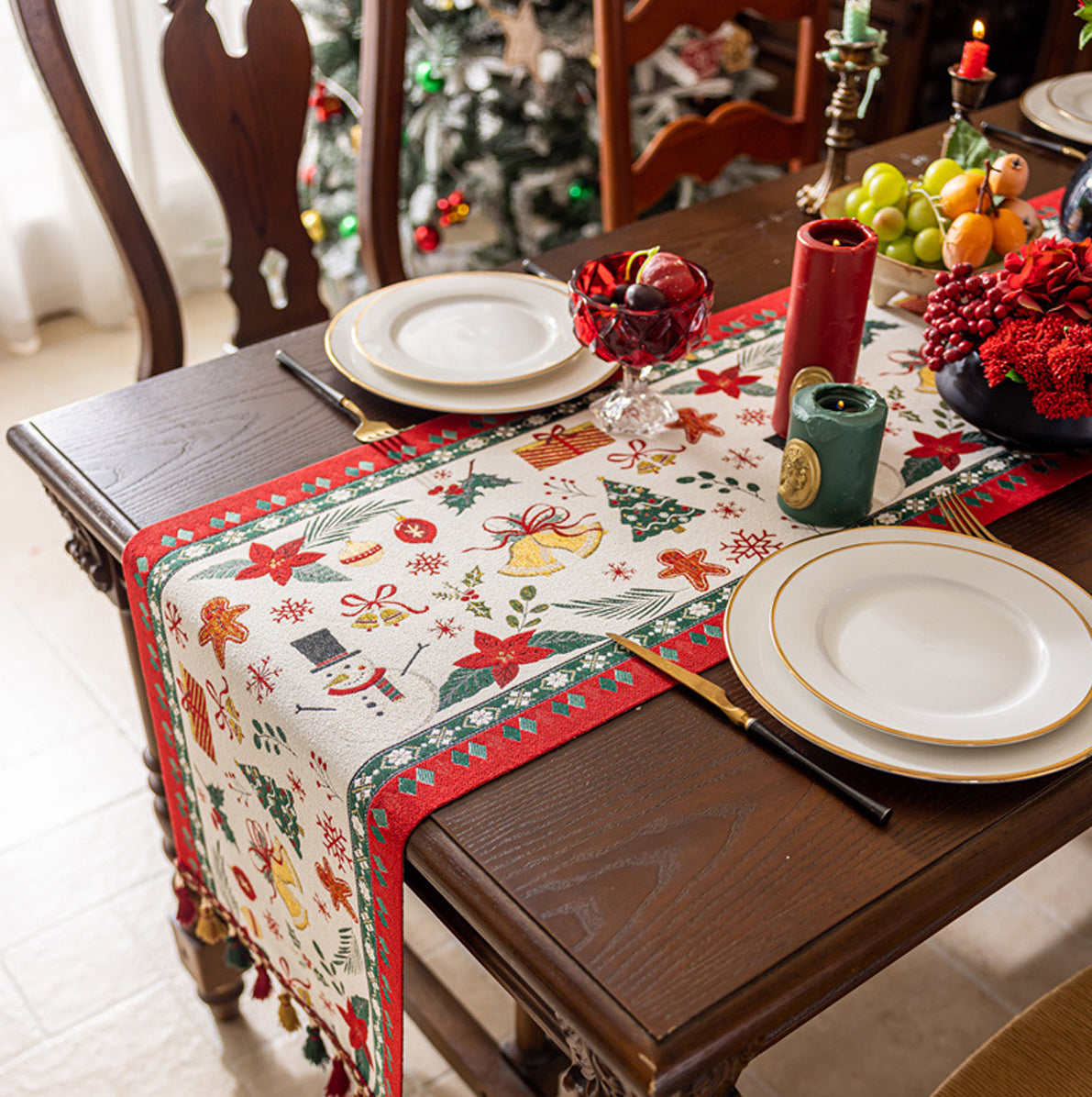 Christmas Jacquard Table Runner with Tassels - Beige