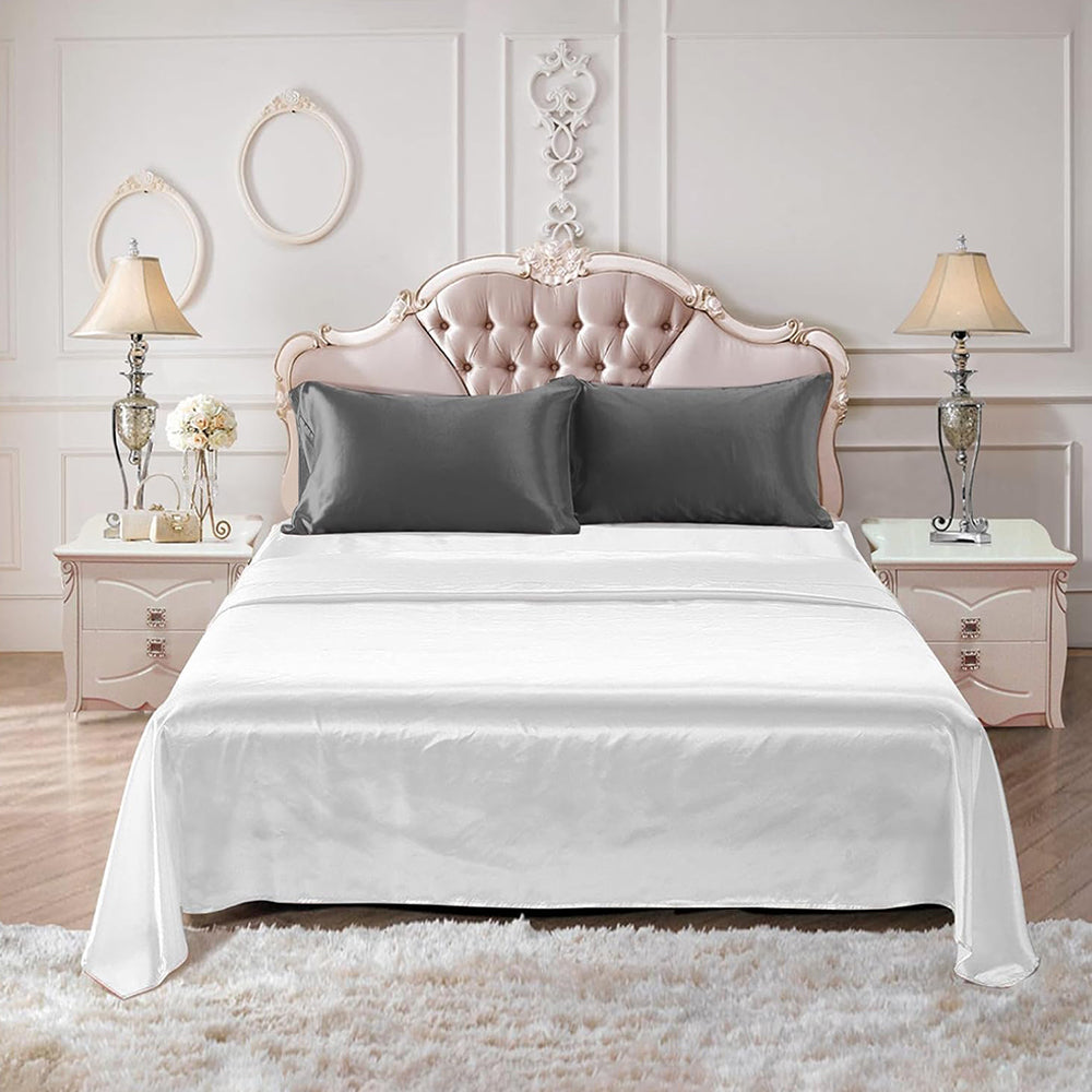 Simulated Silk Standard Pillow Case with Sleeping Bonnet Hair Scrunchy for Hair and Skin Protection Dark Gray