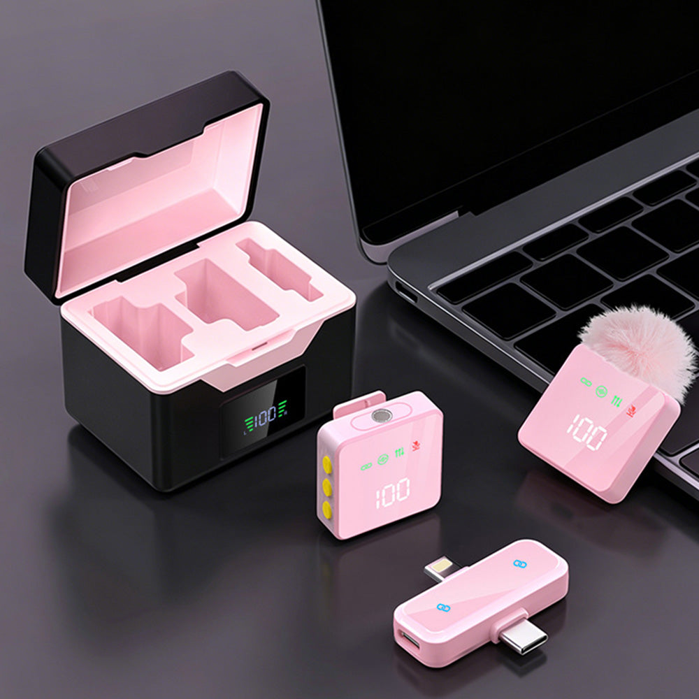 Wireless Lavalier Microphone with Charging Case Noise Cancelling for iPhone Android-Pink