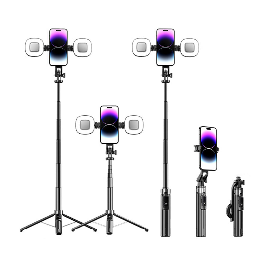 Portable Phone Tripod Stand Retractable Selfie Stick with Remote Control and Fill Light for Photograph Video Recording Black