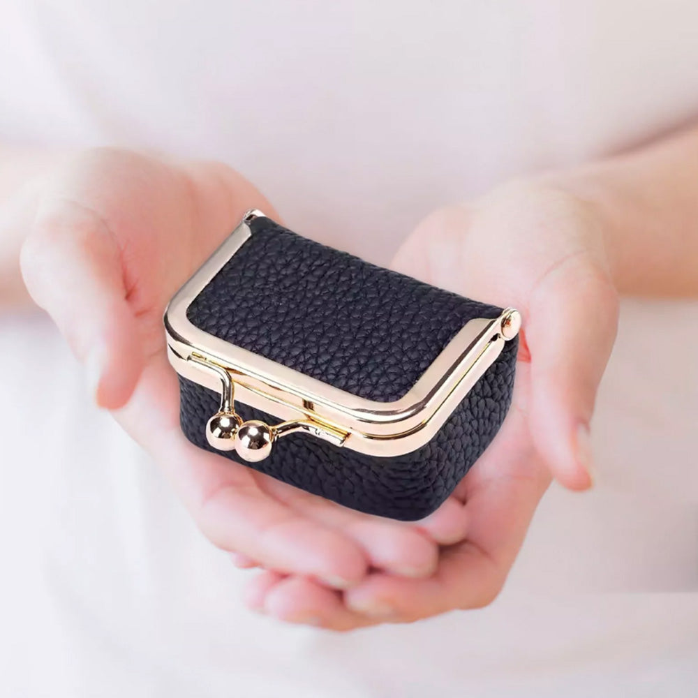Mini Genuine Leather Jewelry Box Portable Vintage-Inspired Jewelry Case with Kiss Lock for Earring Ring Black