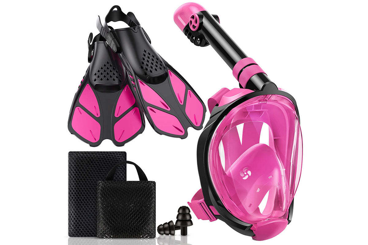 Snorkeling Goggles Foot Flippers and Snorkel Scuba Diving Set-Rose Red