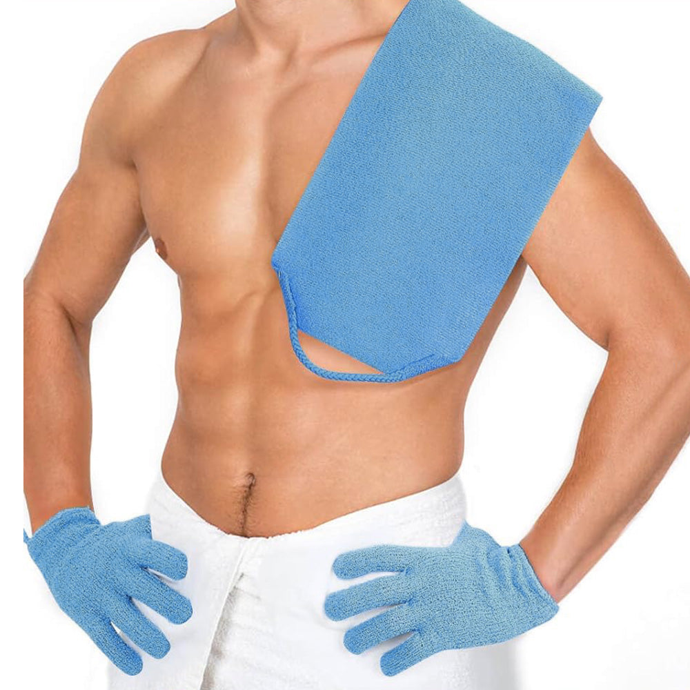 Exfoliating Shower Bath Gloves Back Scrubber Set for Body Face Dead Skin Removing Blue