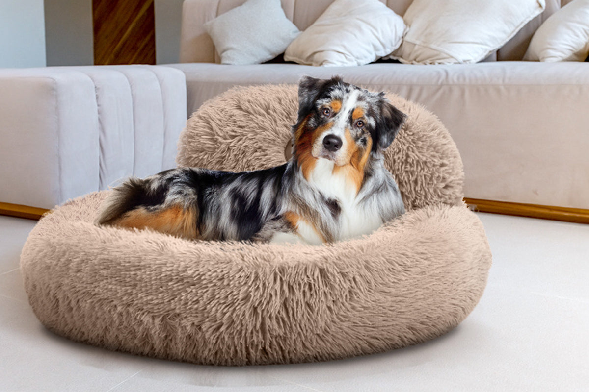Calming Donut Dog Bed Anti-Slip Fluffy Plush Faux Fur Pet Bed for Most Dogs -Khaki