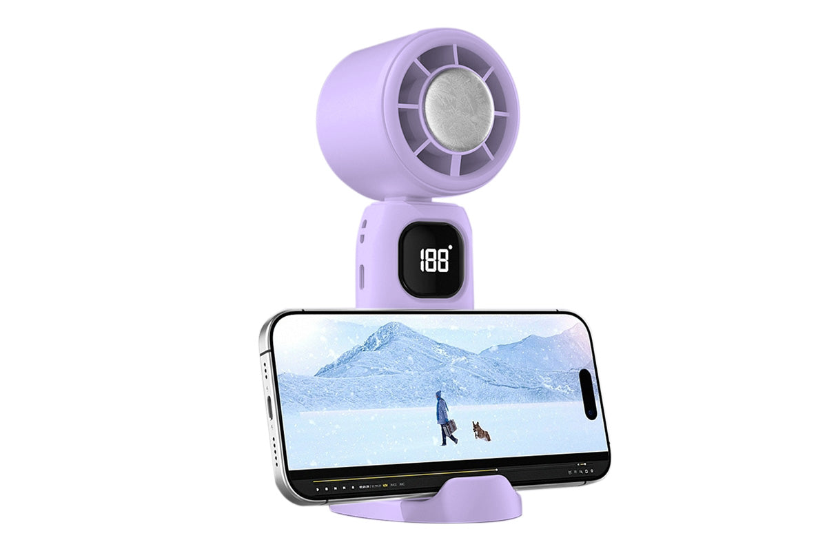 100 Speeds Digital Display Cooling Fan USB Fan with Lanyard and Phone Holder Base-Purple