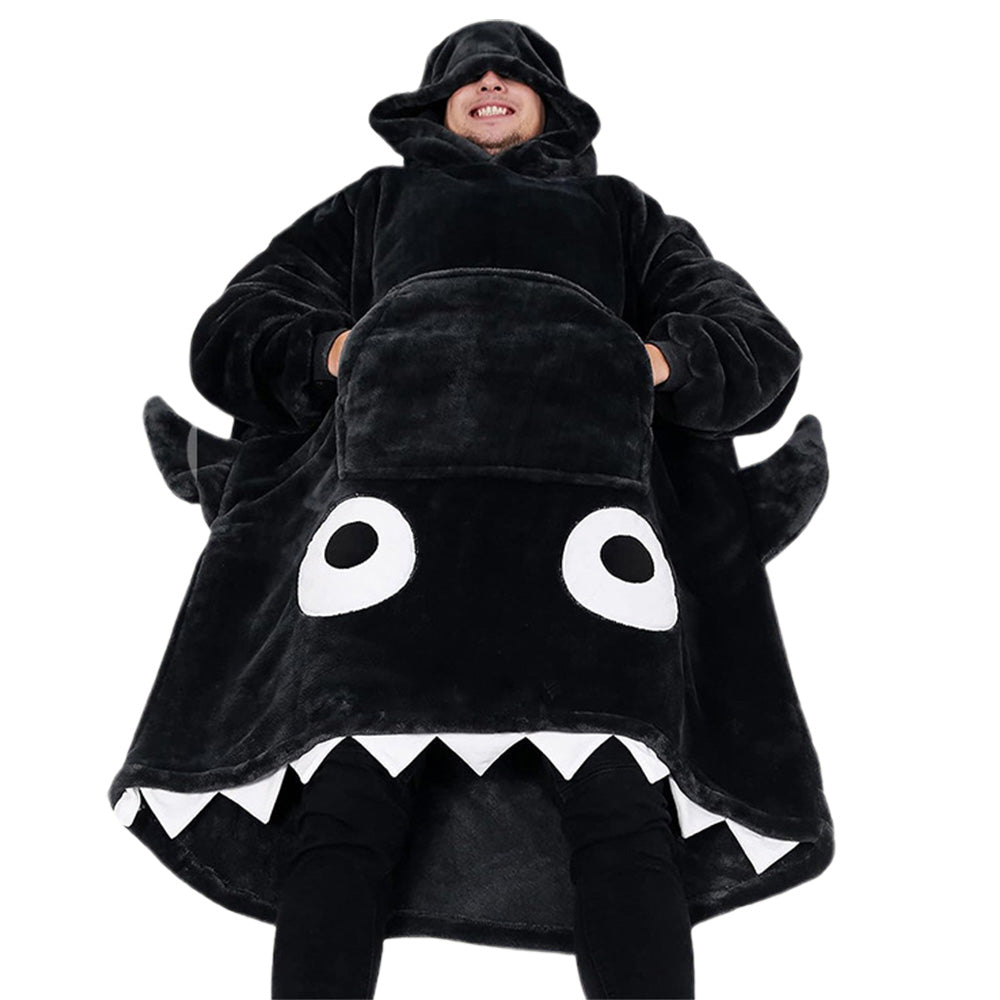 Shark Hoodie Blanket Cartoon Sleeping Wearable Adult Throw Blanket Black