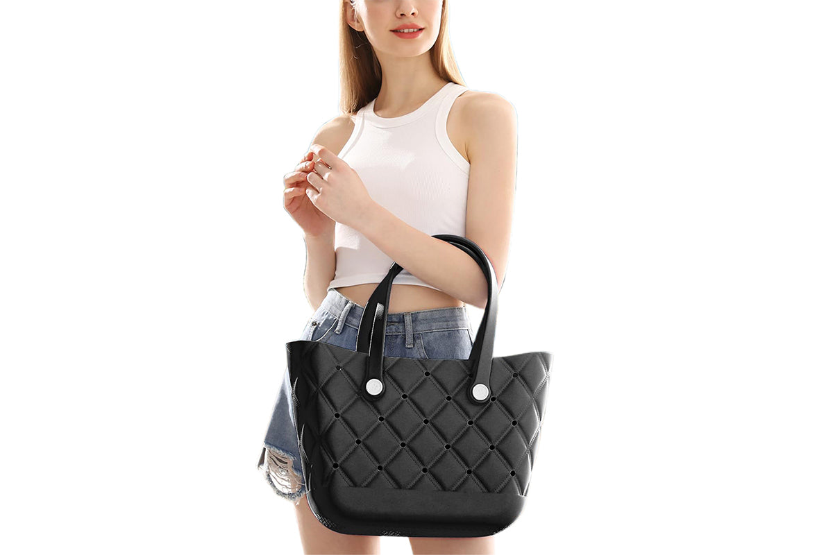 Beach Bag Rubber Tote Bag Waterproof Washable Proof Travel Bag for Women Handbag for Sports Beach Pool-Black