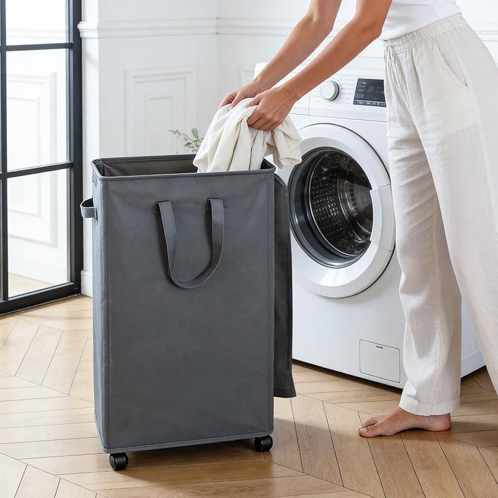 65L Laundry Basket with Wheels and Lid-Grey