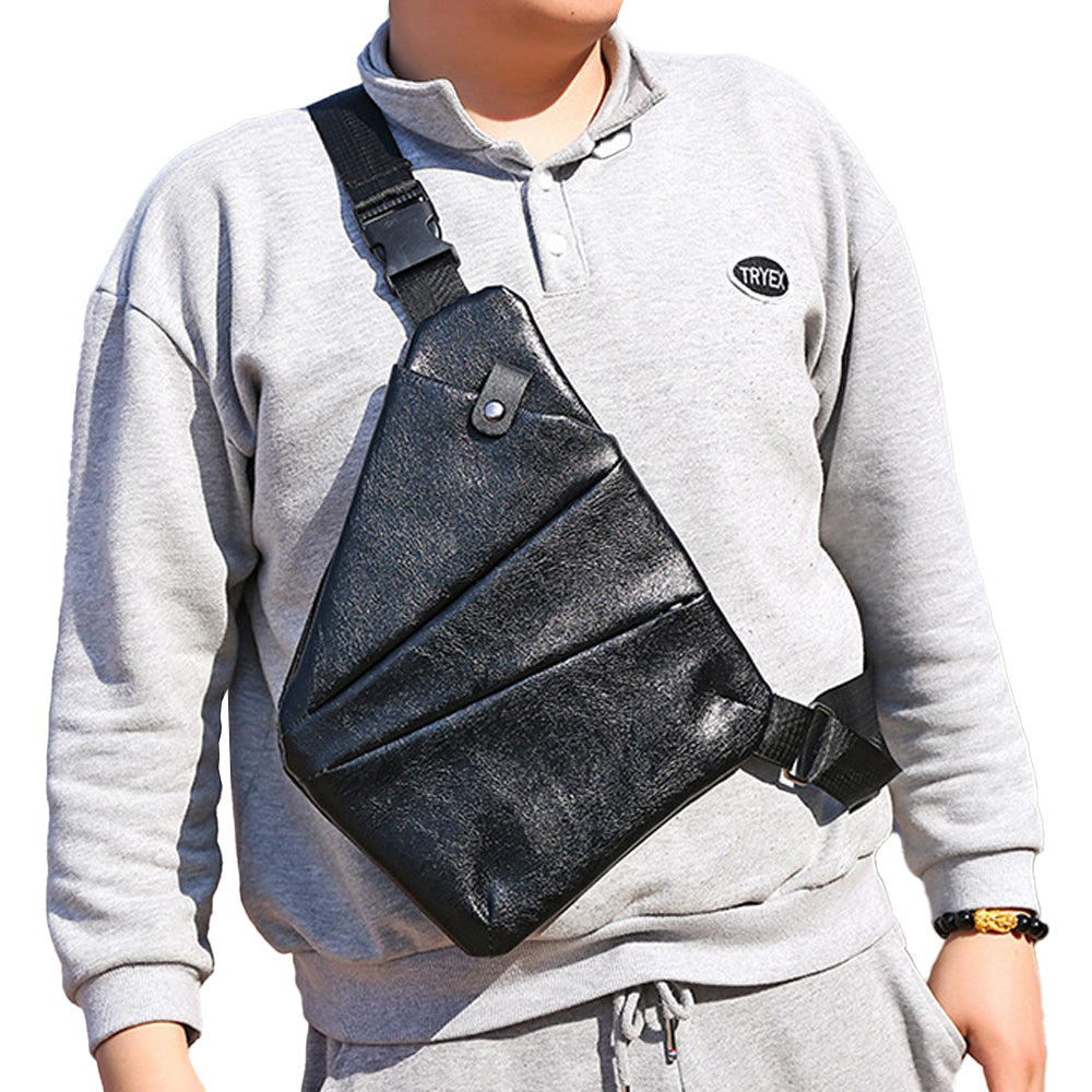 Anti-theft Sling Chest Pack for Men PU Leather Crossbody Shoulder Bag Black