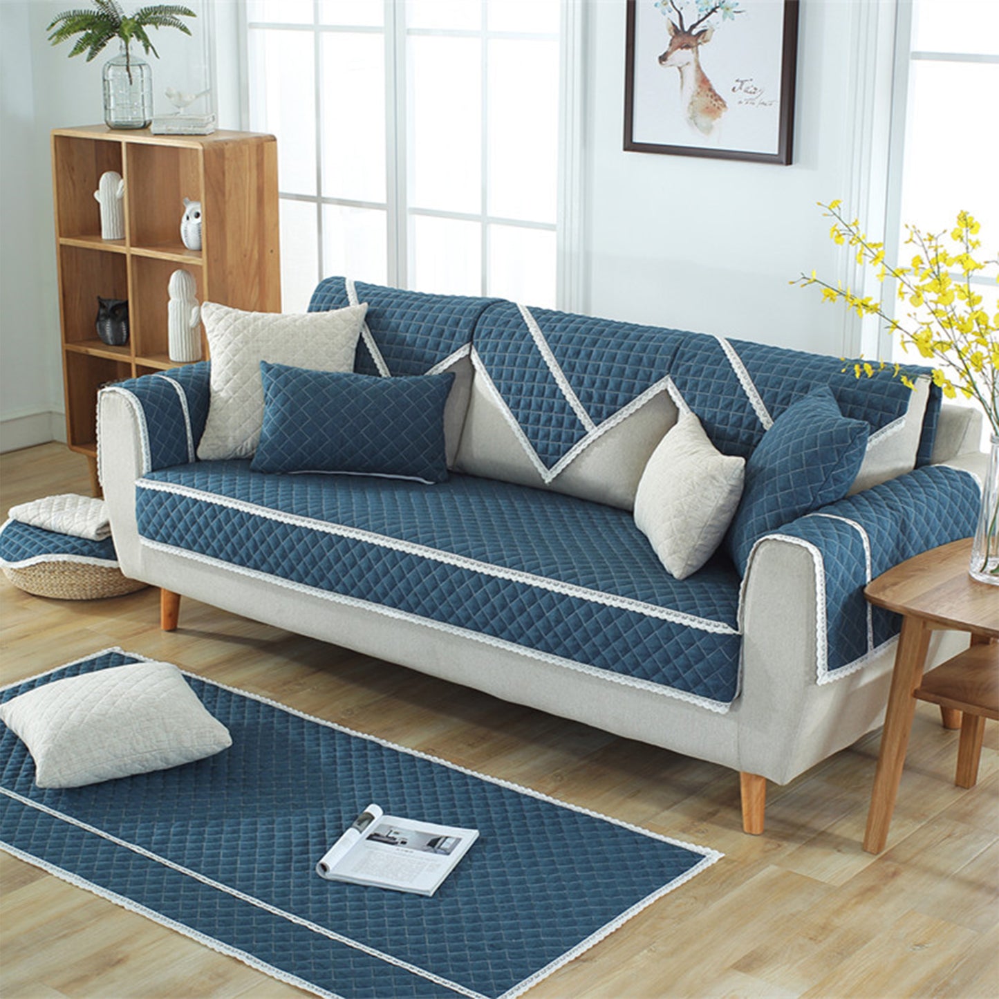 Soft Sofa Cover Quilted Sectional Couch Covers -Blue