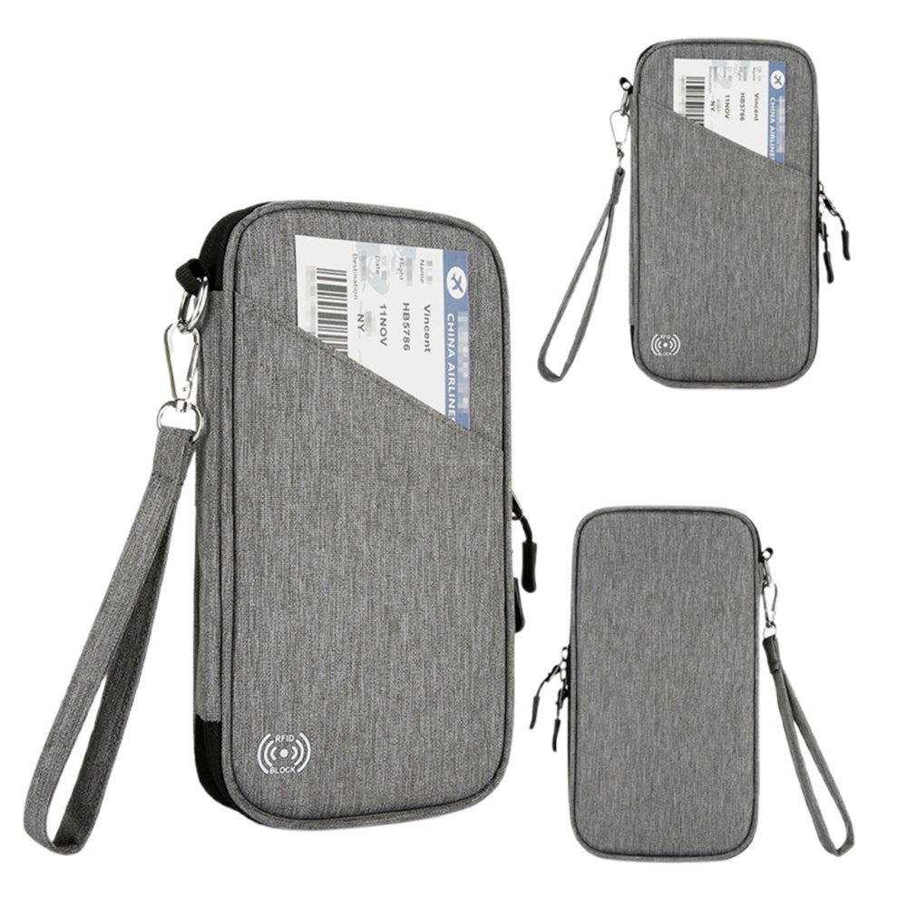 RFID Blocking Passport Holder Family Travel Card Organizer With Zipper Grey