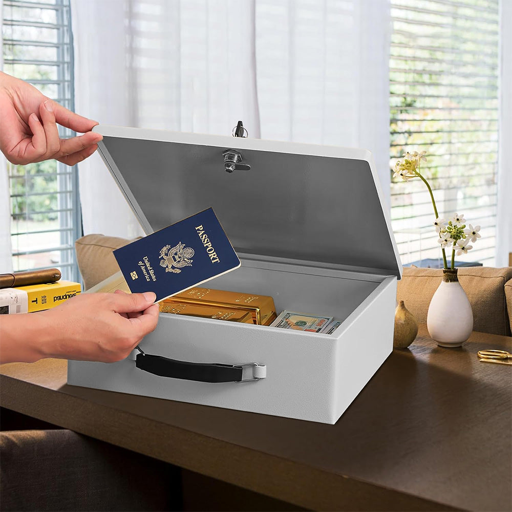 Fireproof Document Box with Key Lock Secure Lock Boxes for Documents Jewelry Cash White