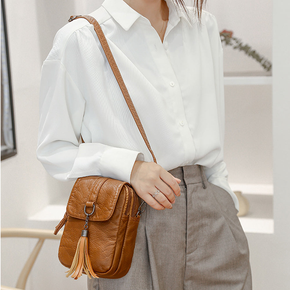 Women Mobile Phone Bag PU Leather Purse Wallet Shoulder Pouch Small Crossbody Bag Brown