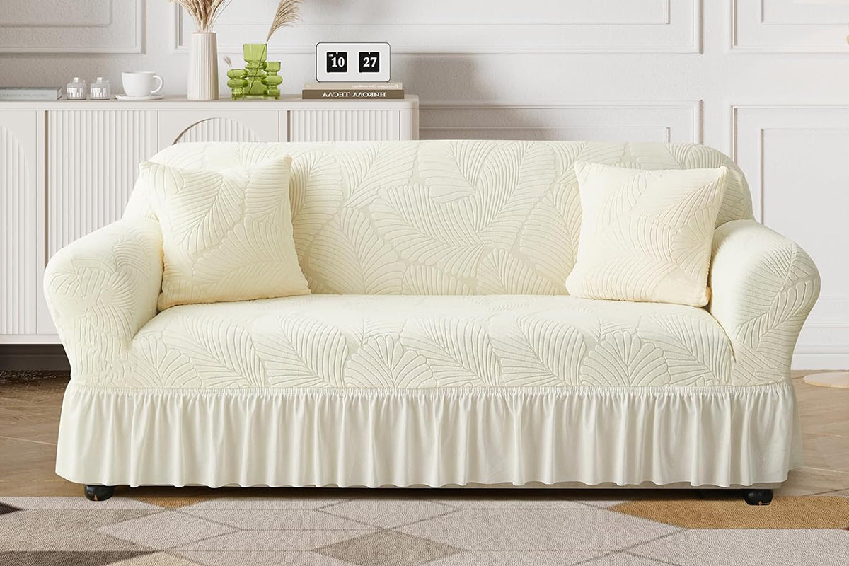Sofa Cover with Skirt Stretch Sofa Slipcover Non-Slip Soft Couch Cover -Beige