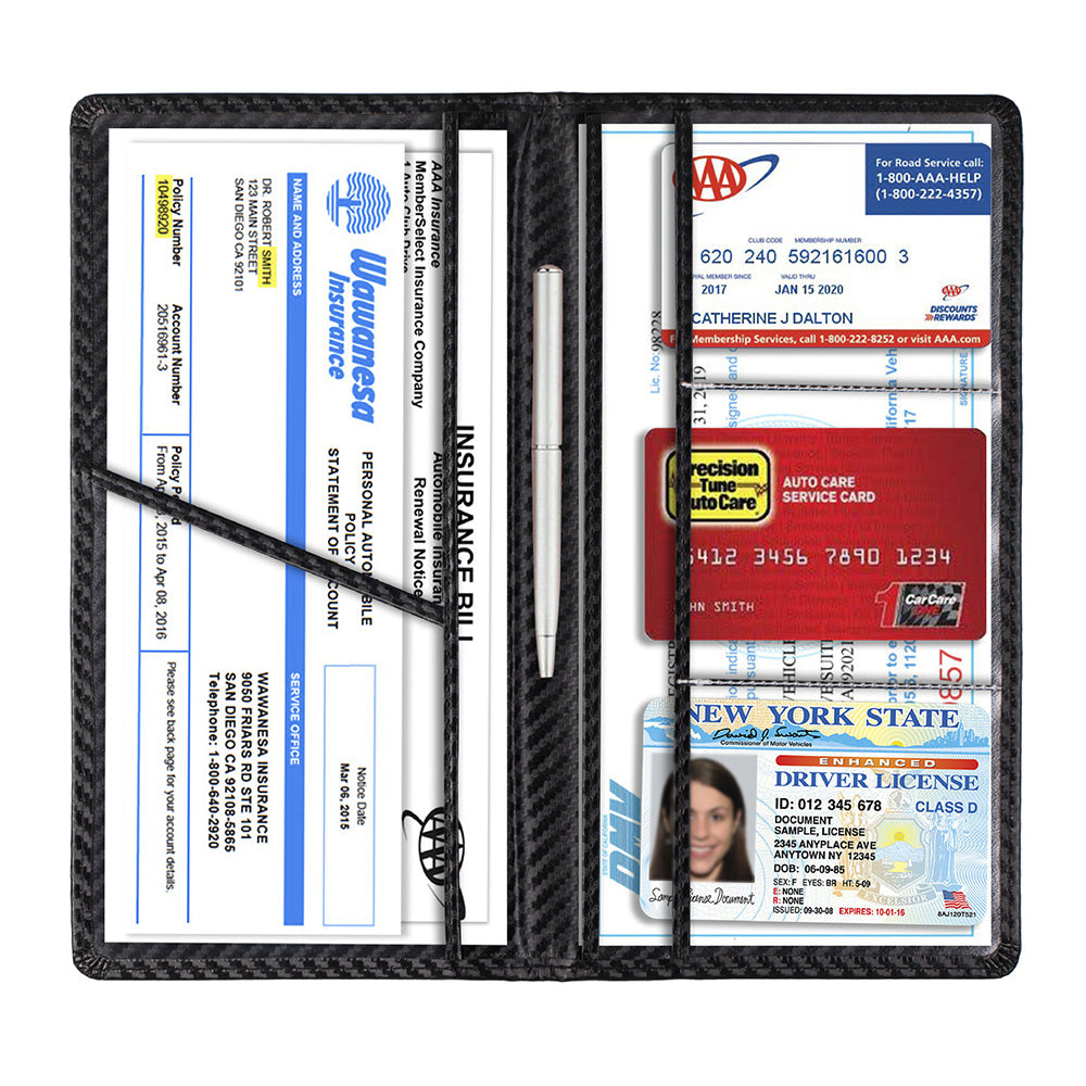 Car Registration and Insurance Card Holder Vehicle License Document Organizer Carbon Fiber Black