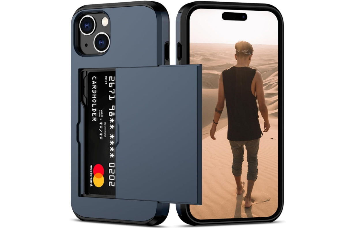 Shockproof Phone Cover Case With Card Holder For Apple iPhone 16 Or 15 Series-Navy Blue